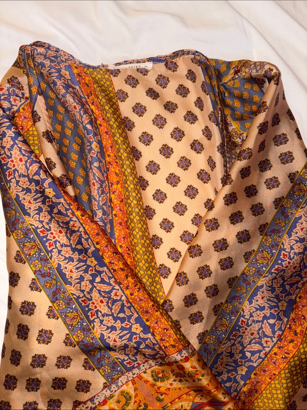 12th Tribe Bohemian Floral Print Satin Robe in Beige, Blue, Orange